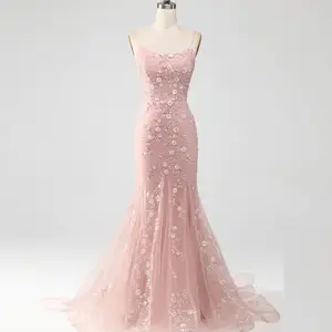 High Quality Pink Sequins Mermaid Party Gowns for Women Floor-length Lace Up Open Back Formal Evening Dresses 2024