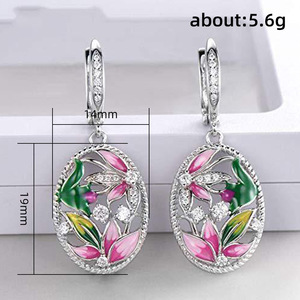 Orecchini pendenti floreali alla francese, eleganti orecchini pendenti ovali smaltati, gioielli romantici di San Valentino per donna - Product Image 3