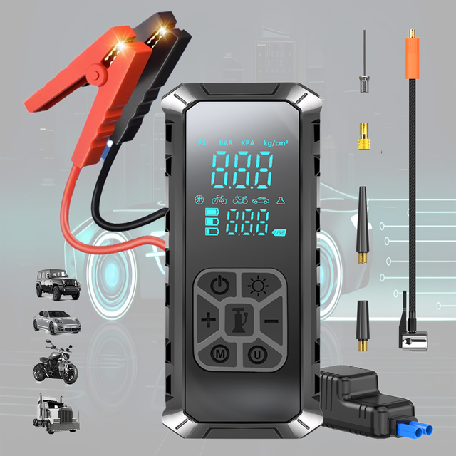 air Pimp Compressor Portable Car Jump Starter: With High-Pressure Tire Inflator, Power Bank, and LED Light for Emergency Use