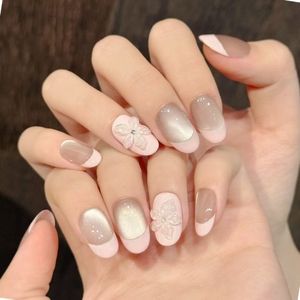 <span class=keywords><strong>Uñas</strong></span> Postizas Acrílicas Ovaladas <span class=keywords><strong>con</strong></span> Diseño de Flor 3D Simple y Punta Francesa, Hechas a Mano, de Alta Calidad, Venta al Por Mayor - Product Image 2