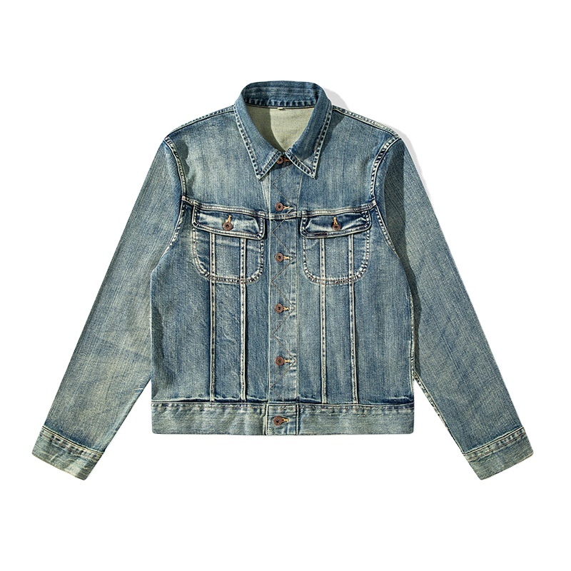 High Quality Eco-Friendly Men's Casual Light Wash Distressed Button-Up Work Denim Jacket Autumn
