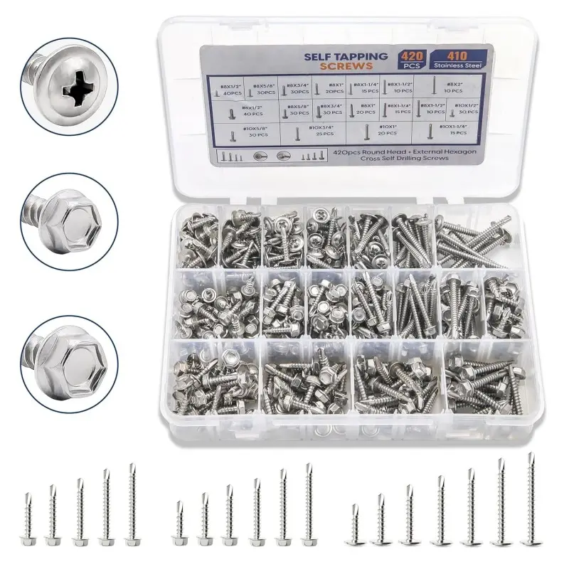 Self Tapping Screws for 410 Stainless Steel Self Drilling Screws 1/2" to 2" Wafer & Hex Washer Screws for Metals Wood