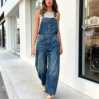 Salopette en jean extensible taille haute pour femme, délavage moyen, style streetwear moderne