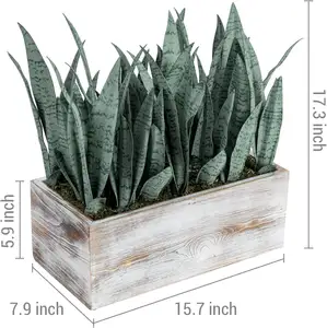 Customized Rectangular White Washed Wood Planter Box With Large Artificial Snake Plant