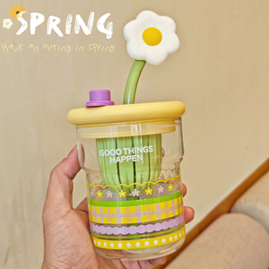Gelas Tumbler Kaca Borosilikat Tinggi 500ml Motif Bunga Anti Bocor dengan Sedotan, Aman untuk Mesin Cuci Piring dan Microwave, Kapasitas Besar, Cangkir Kantor, Lucu - Product Image 6