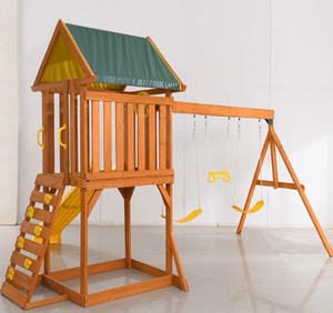 Family-Friendly <b>Wooden</b> <b>Swing</b> <b>Set</b> with Playhouse, Yellow Slide & Climbing rocks garden backyard playset - Product Image 1