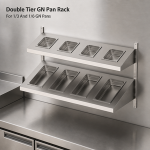 Estante de pared de doble nivel para bandejas GN, de acero inoxidable, para bandejas de 1/3 y 1/6, para línea de preparación de cocina comercial, suministro B2B - Product Image 3