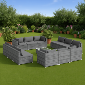 Ensemble de salon de jardin en rotin gris avec structure en acier thermolaqué, mobilier d'extérieur 10 places, design contemporain - Product Image 2