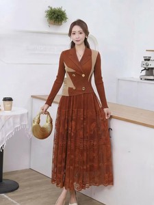 <span class=keywords><strong>Abito</strong></span> lungo plissettato <span class=keywords><strong>marrone</strong></span> con blazer a blocchi di colore e gonna in pizzo ricamato per donna, scollo a V, <span class=keywords><strong>doppiopetto</strong></span> - Product Image 5