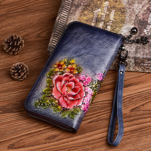 Ando Bag Peony Floral Embossed Genuine Leather Long Wallet Women Vintage <b>Zip</b> <b>Around</b> Wristlet <b>Purse</b> - Product Image 3