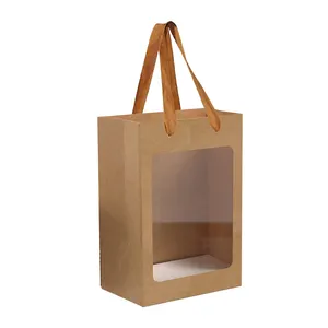 Flower Packaging Hand Gift Bag Bouquets Shopping Brown Paper Bag With Clear Window