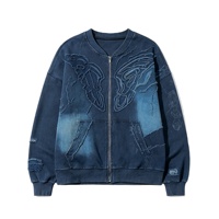 Veste zippée en jean épais délavé style vintage, effet vieilli, effet pulvérisé, streetwear, délavé soleil, avec fermeture éclair papillon et bords effilochés