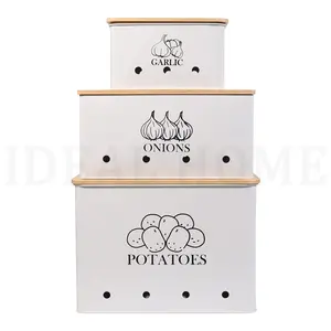 White Kitchen Vegetable Storage Tins Set of 3 for Potato Onion & Garlic with Wooden Lid, Kitchen Storage Canisters Set