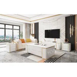 NOVA Modern Luxury Living Room Furniture Set Gold Border Living Room Cabinet Set With TV Cabinet, Coffee Table And Side Cabinet