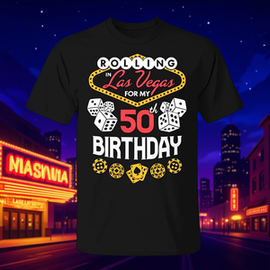 T-shirt unisexe pour adulte, à manches courtes, col rond, imprimé en sérigraphie, pour mon 50e anniversaire à Las Vegas - Product Image 3