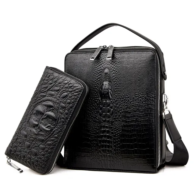 Wholesale fashion casual men's bag crocodile pattern handbag multi-pocket business Messenger bag high quality Send zipper wallet