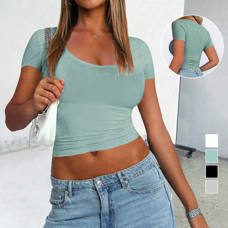 Summer 2025 European and American Women'S Sexy Short-Sleeved Fashionable New Round Neck Slim-Fit Crop Top T-Shirt