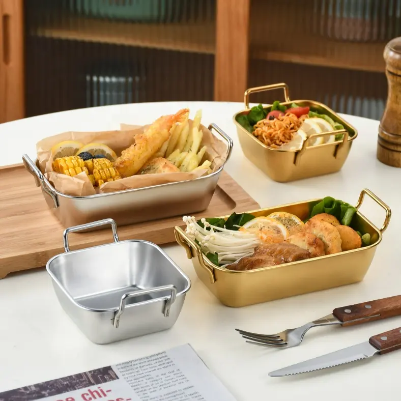 Тарелка для закусок с двойной ручкой из нержавеющей стали, Корея, многоцелевая квадратная сервировочная посуда для ресторана