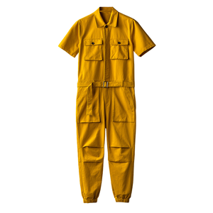 RTS <b>Mens</b> High Sporty Cargo Jumpsuit Cotton <b>Overalls</b> Short Sleeve Lapel Beam Feet Trousers Hip Hop Streetwear Loose Button Fly - Product Image 1