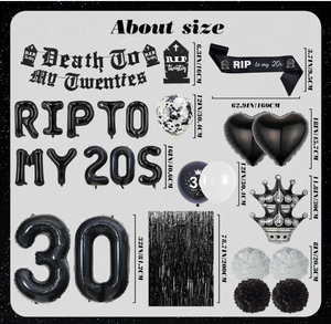 Decorazioni per Festa di Compleanno 30 Anni a Tema Morte ai 20 Anni: Striscioni, Pompon, Palloncini in Foil R.I.P. ai 20 Anni, Palloncini Stampati, Fascia e Tenda Decorativa - Product Image 4