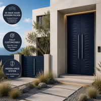 Porte double en alliage d'aluminium postmoderne Coastal Penthouse, bleu marine, avec bas-relief 3D vague et poignées en acier brossé, éclairage LED, pour hôtels et appartements