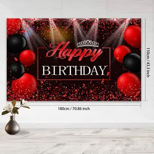 Red And Black Happy Birthday Photography Backdrop Balloon Confetti Backdrop Banner For Men Woman Birthday Party Decorations