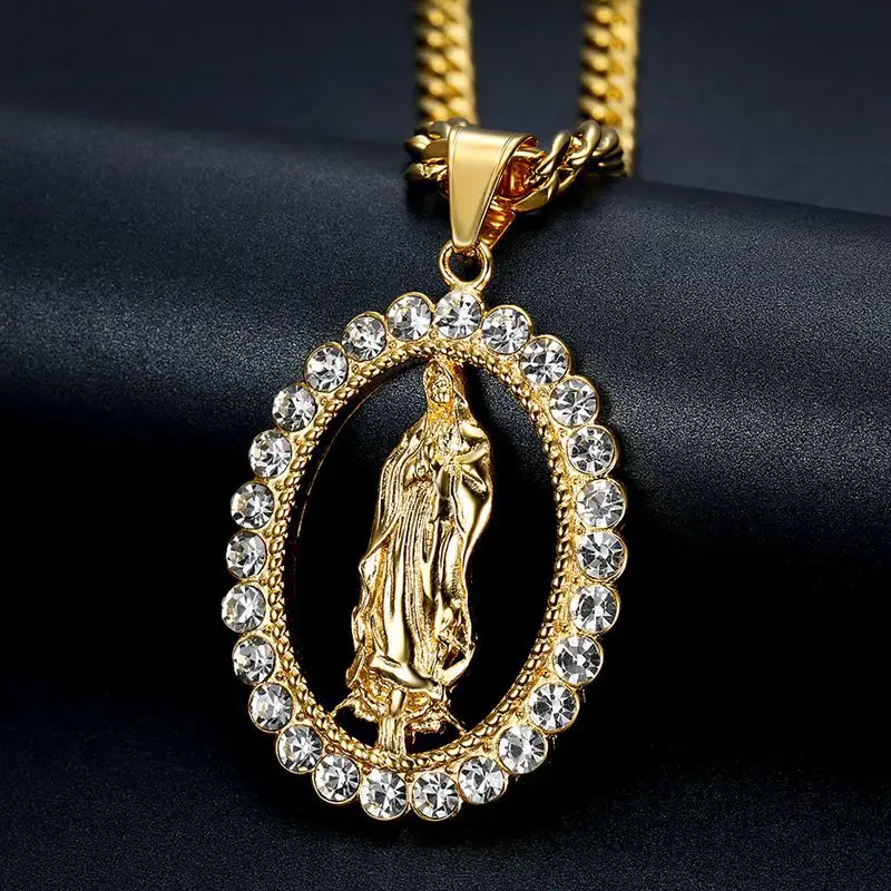 Vintage Virgem Maria Colar delicado religioso banhado a ouro aço inoxidável com strass moda Católica Sary Beads