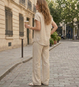 Ensemble de vêtements de détente pour femmes en lin et coton, tenue d'été en 2 pièces, style minimaliste basique, étiquette privée personnalisée - Product Image 5