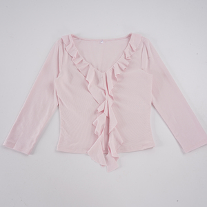 T-shirt à volants et empiècements Ethereal pour femme, manches 3/4, couleur unie, coupe ajustée, tricot doux, style girly - Product Image 2