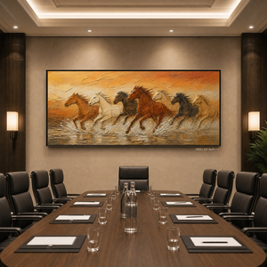 Bas-Relief Dipinto a Mano con Sette Cavalli al Tramonto Dorato e Acqua Corrente, Arte Murale per Hotel e Ristoranti, Personalizzabile - Product Image 4