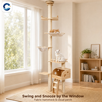 Arbre à chat en bois massif du sol au plafond, tour haute pour chat avec grande capsule spatiale, lit suspendu pour chat, finition bois clair naturel