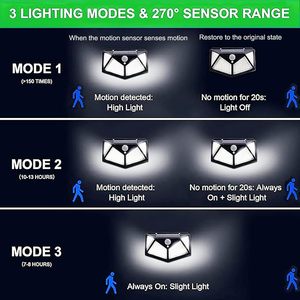 ไฟส่องสว่างภายนอกอาคาร 100 LED 3 โหมดแสงสว่าง พร้อมเซ็นเซอร์ตรวจจับความเคลื่อนไหว โคมไฟติดผนัง กันน้ำ IP65 ใช้พลังงานแสงอาทิตย์ - Product Image 2