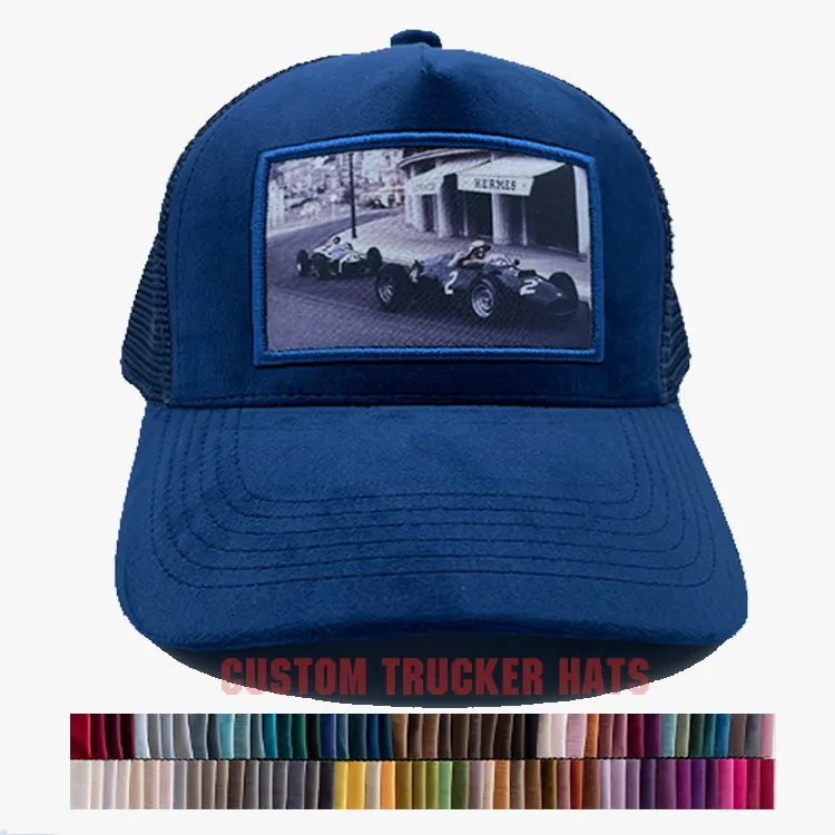 Commercio all'ingrosso ricamo personalizzato logo Mesh Back Velvet Trucker Caps 5 pannelli Applique patch nero grigio velluto Trucker cappelli personalizzati