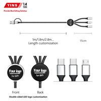 Câble de charge USB YINSTECH 5 en 1 avec logo LED lumineux, cordon de charge rapide rond en nylon tressé 2.4A pour plusieurs appareils
