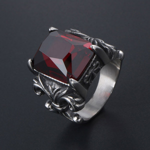 <b>Titanium</b> Steel Floral <b>Ring</b> With Red Rhinestone Bezel Setting Unisex Fashion Jewelry Gift SA647 - Product Image 3
