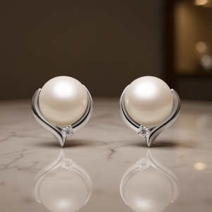 Orecchini a perno E3988 in oro bianco con perle, design moderno, gioielli da sposa da donna, perle imitazione con taglio rotondo brillante e montatura a griffe - Product Image 2