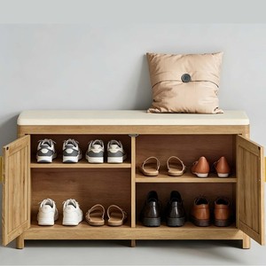 Banco de entrada con doble puerta de armario de madera, con esquinas redondeadas y estantes ajustables - Product Image 3