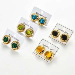 1 paire de boucles d'oreilles en acier inoxydable, opale ronde en résine, plaqué or, bijoux colorés, cadeaux pour femmes et filles - Product Image 3