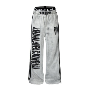 <span class=keywords><strong>Pantalones</strong></span> de chándal unisex de estilo americano urbano de otoño, desgastados, con letras vintage, de doble cintura, elegantes, de pierna curva y ancha - Product Image 2