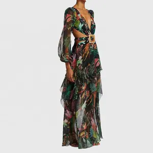 2022 Luxury Women's Summer Beach Bohemian Dresses Balloon Sleeve Print Floral Cut Out Chiffon Maxi Dress