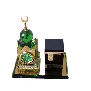 Hand Crafted Gold Foil K9 Crystal Mecca Clock Tower Crystal Ornaments With Kaaba For Middle East Muslim Gifts