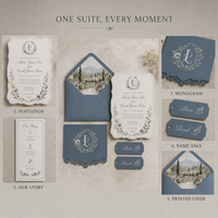 Suite d'invitations de mariage Manoir Européen, Kit de papeterie festonné personnalisé, Doublure d'enveloppe, Monogramme, Notre histoire, Étiquette cadeau, Cartes de mariage