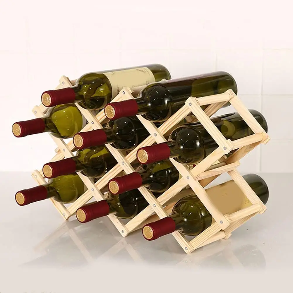 ชั้นวางไวน์ไม้ชั้นวางไวน์10ขวดชั้นวางเคาน์เตอร์วางขวดแบบวางซ้อนกันได้พับได้
