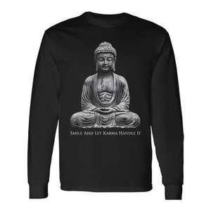 Camiseta de manga larga con estampado de estatua de Buda Sonríe y deje que el karma se encargue de todo Medita - Product Image 1