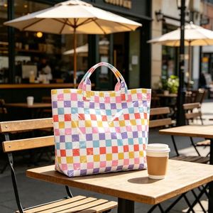 Sac fourre-tout imperméable à carreaux brillant pour femmes, sac de plage coloré à motif damier, facile à nettoyer, idéal pour les vacances d'été à la piscine et le shopping - Product Image 6