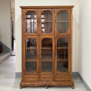 Bibliothèque en teck sculpté de style français moderne avec 6 portes et 3 tiroirs pour salon, bureau, étude - Product Image 1