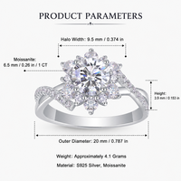 Bague de fiançailles pour femme en moissanite 1 carat, argent sterling 925, taille brillant rond, avec halo floral en zircon cubique et tige torsadée infinie pavée
