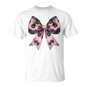 Camiseta rosa Coquette Bow Monster Truck para niñas, manga corta, cuello redondo, estampado digital - Product Image 1