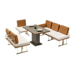 Ensemble de salle à manger d'extérieur moderne 6 places, canapé en tissu, mobilier de jardin, balcon, terrasse, résistant aux intempéries, structure en bois massif et métal - Product Image 1
