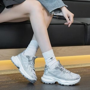 Scarpe <span class=keywords><strong>da</strong></span> <span class=keywords><strong>Donna</strong></span> Premium Grigio Argento con Suola Spessa e Patchwork, Traspiranti in Mesh, Stile Retrò Sportivo e Casual - Product Image 3